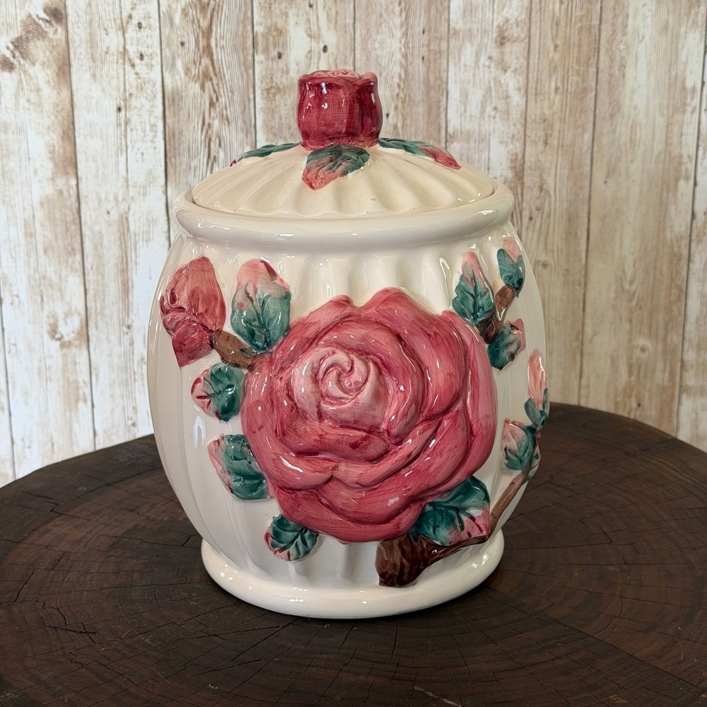 Vintage Ceramic Pink Rose Granny Chic Cookie Jar Cottagecore